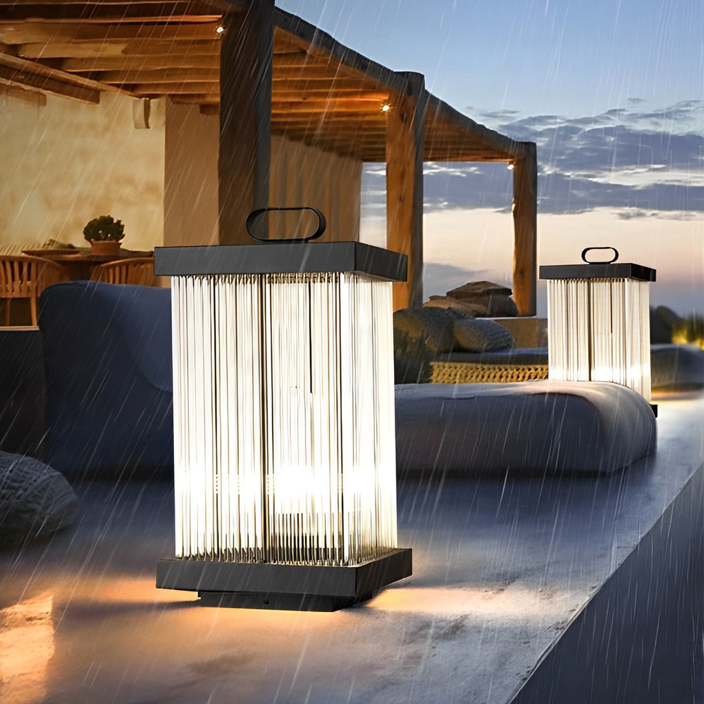 Square Rippled Glass Solar Lantern with Waterproof Black Finish