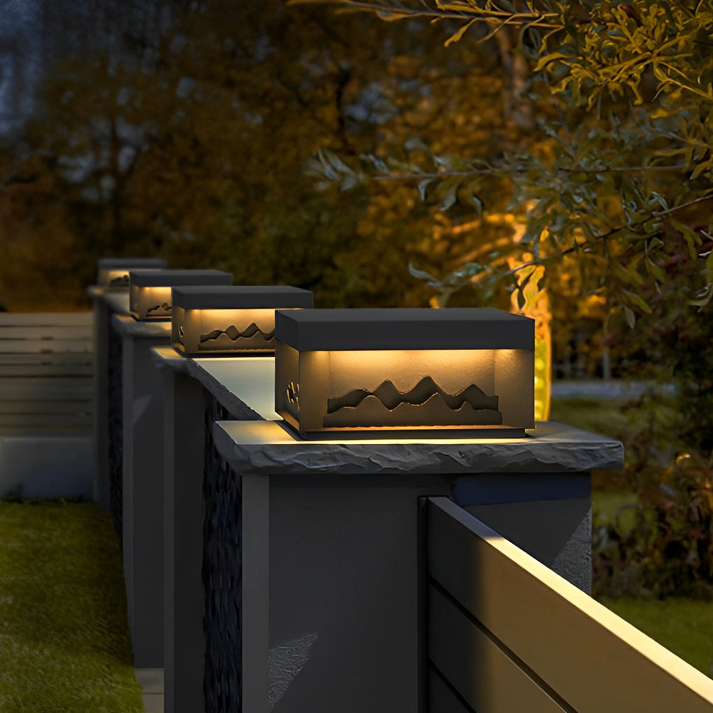 Mountain Scenery Solar LED Fence Post Light - Modern Black Steel