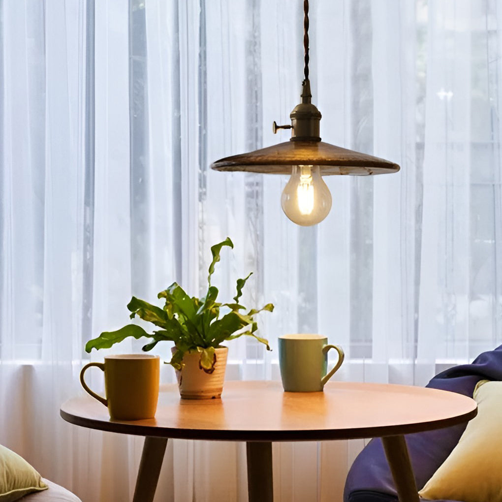 Vintage Glass Pendant Light with Brass Hardware and Wooden Detail