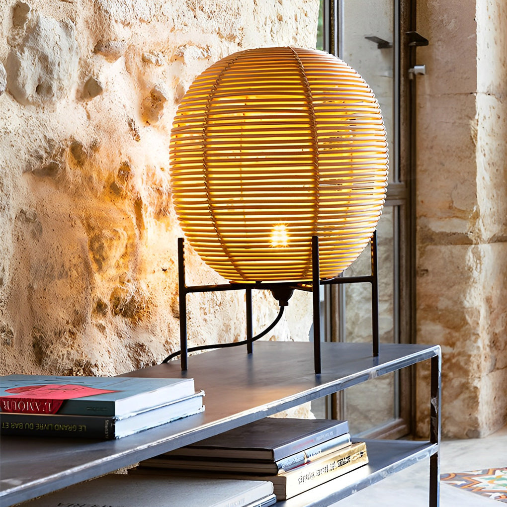 Rattan Floor Lamp with Black Metal Frame – Modern Rustic Design