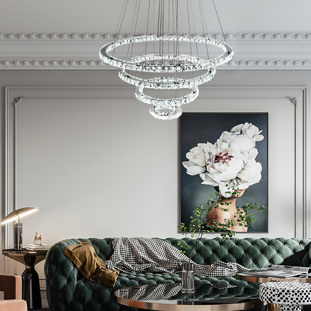 4-Tier Crystal Ring Chandelier - Modern LED Pendant Light