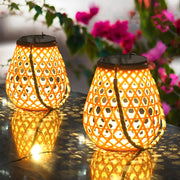 Portable Solar LED Outdoor Lantern Rustic Bamboo Style Hemp Rope