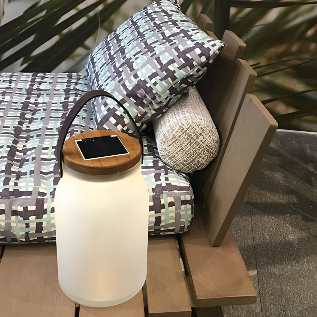 Solar LED Outdoor Lantern - Teak Wood & Glass Jar Design