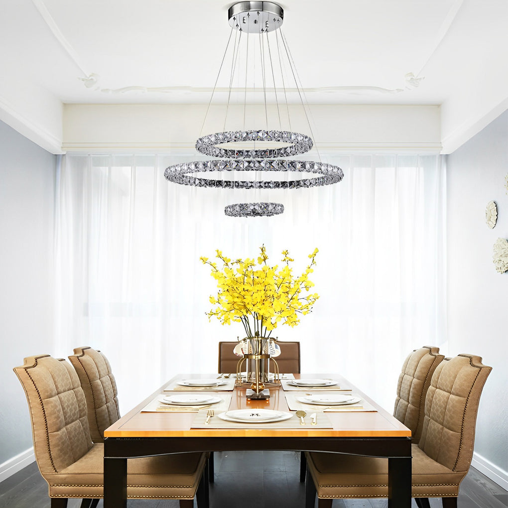 Crystal LED Chandelier 3-Tier Modern Geometric Ring Pendant Light