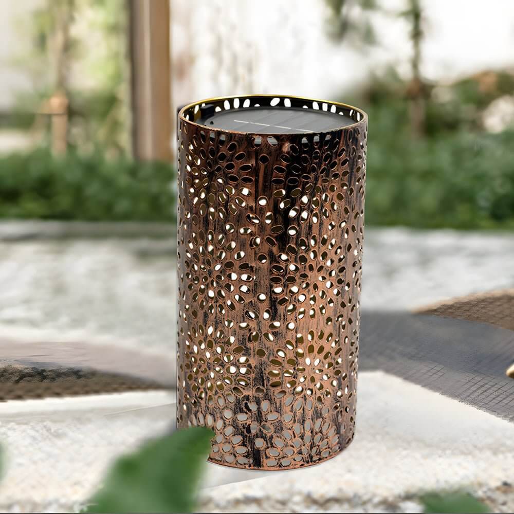 Solar Outdoor Lantern with Abstract Cutout Pattern - Bronze Metal