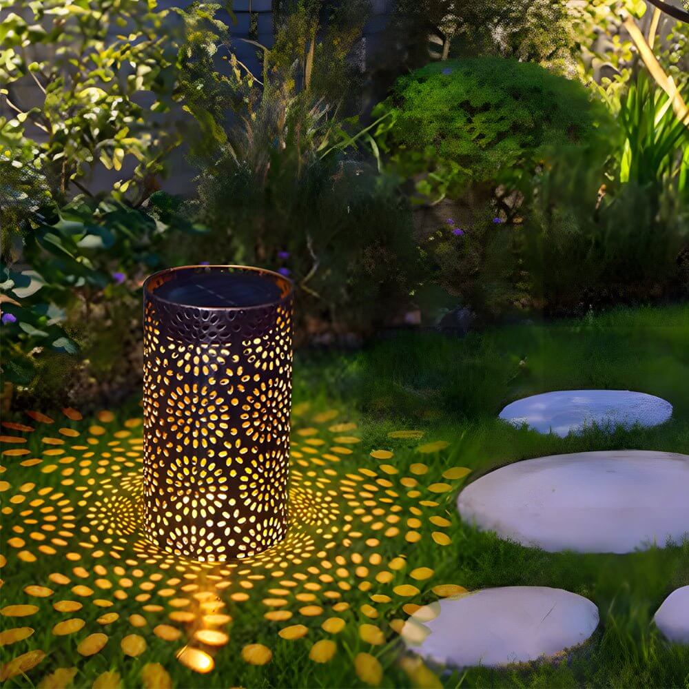 Solar Outdoor Lantern with Abstract Cutout Pattern - Bronze Metal