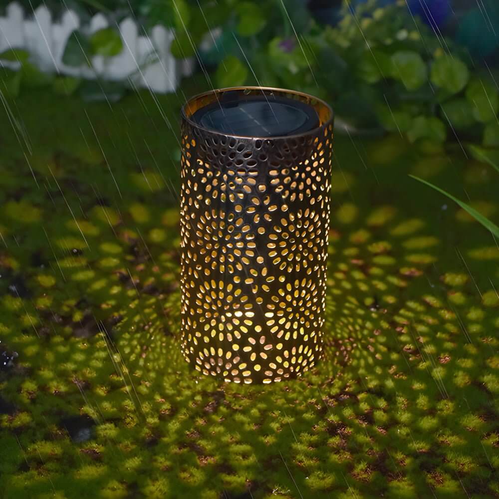 Solar Outdoor Lantern with Abstract Cutout Pattern - Bronze Metal