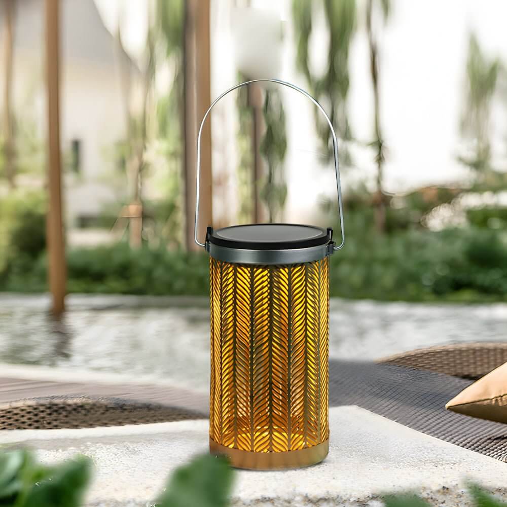 Solar Powered Metal Lantern with Cutout Flower Design - 7.3"