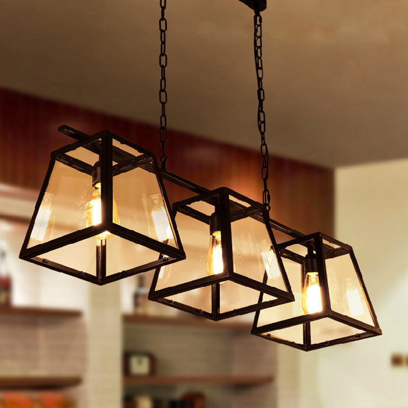 Trapezoid Glass Island Pendant Light with Black Frame - 3 Lights