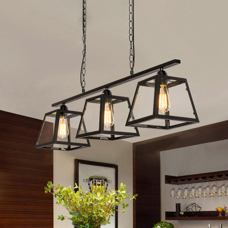 Trapezoid Glass Island Pendant Light with Black Frame - 3 Lights