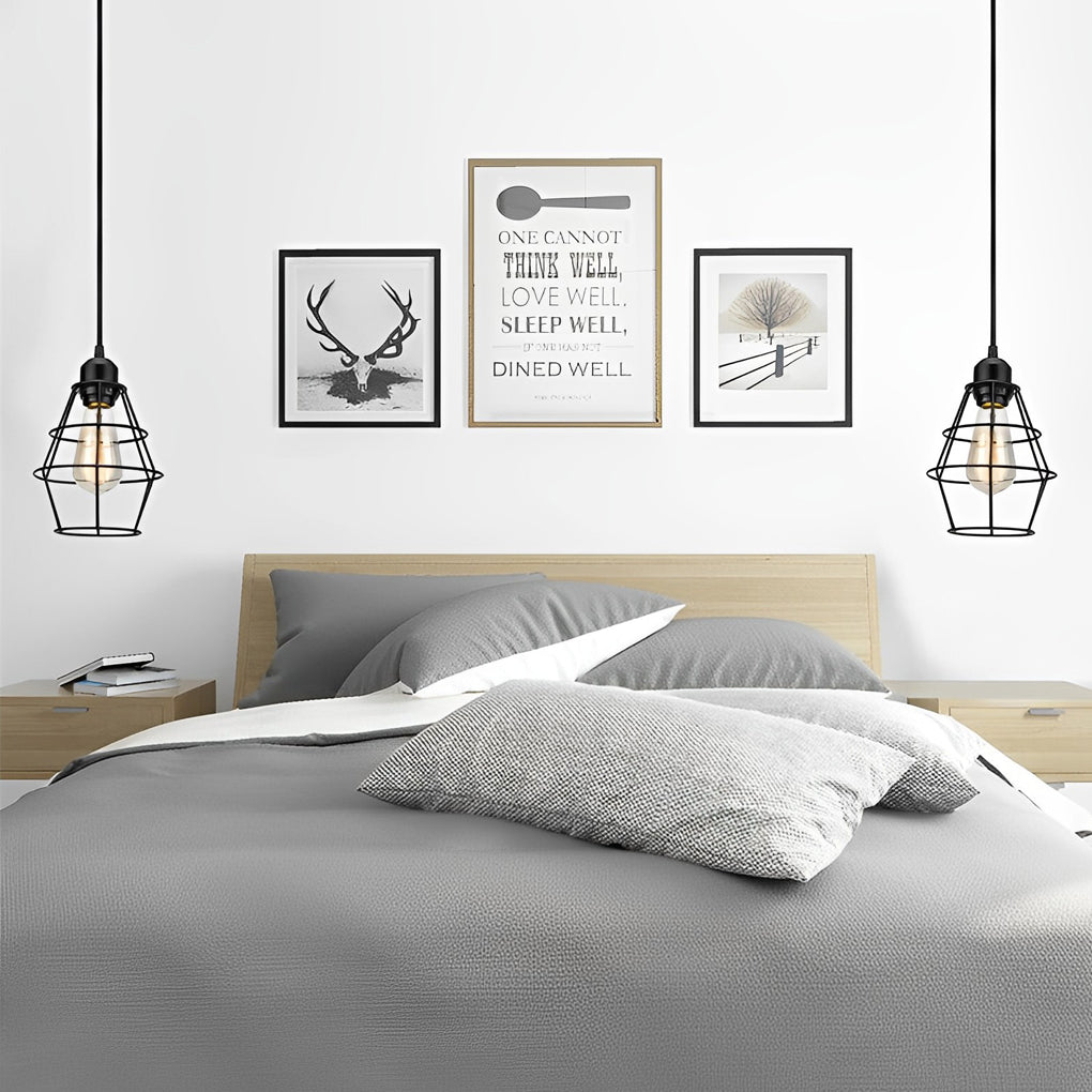 Industrial Cage Pendant Light with Button Switch Black Metal