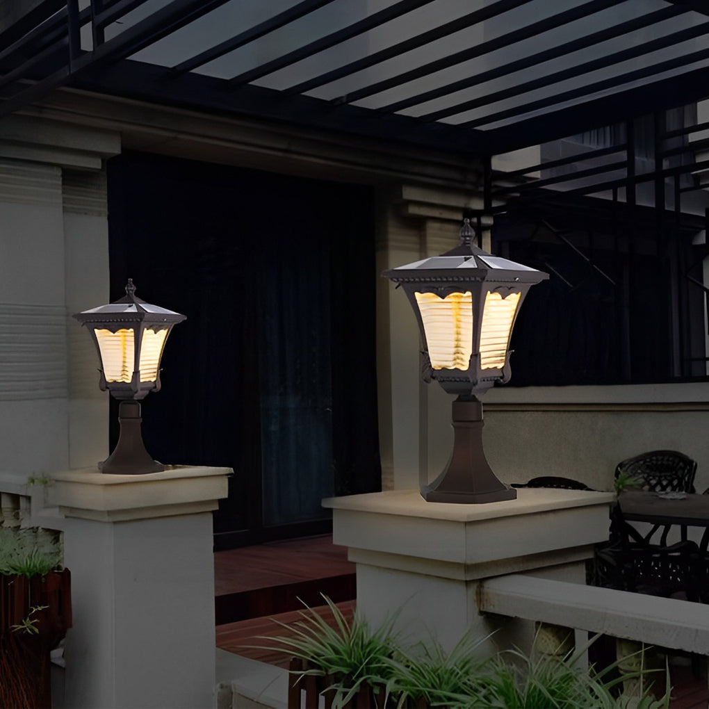 Vintage Solar LED Lawn Lamp with Ornate Top in Coffee Gold
