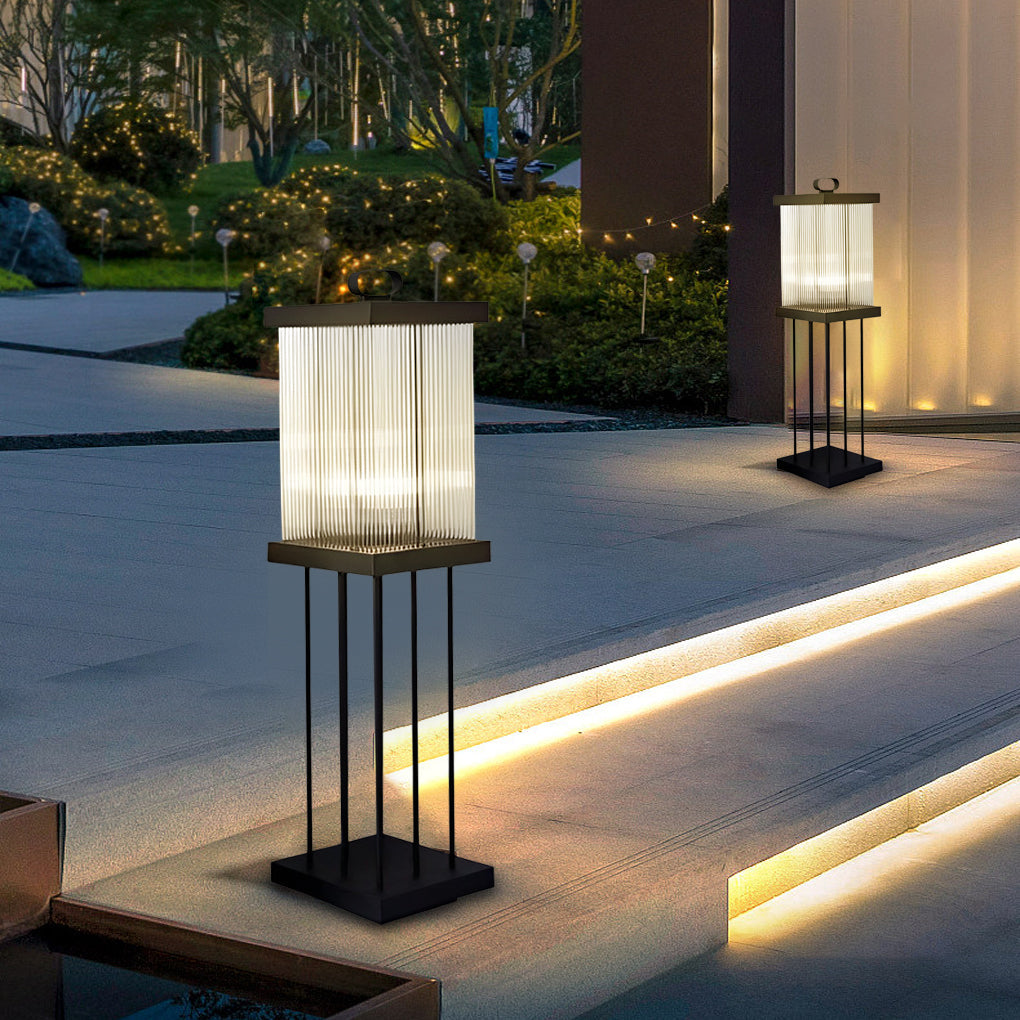 Square Rippled Glass Solar Lantern with Waterproof Black Finish