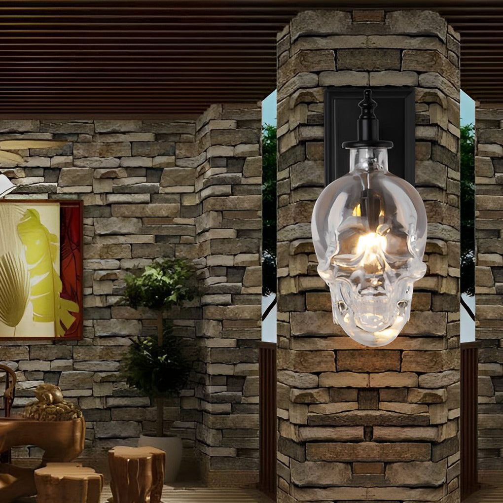 Skull Head Glass Wall Sconce – Industrial Black Iron LED Lamp