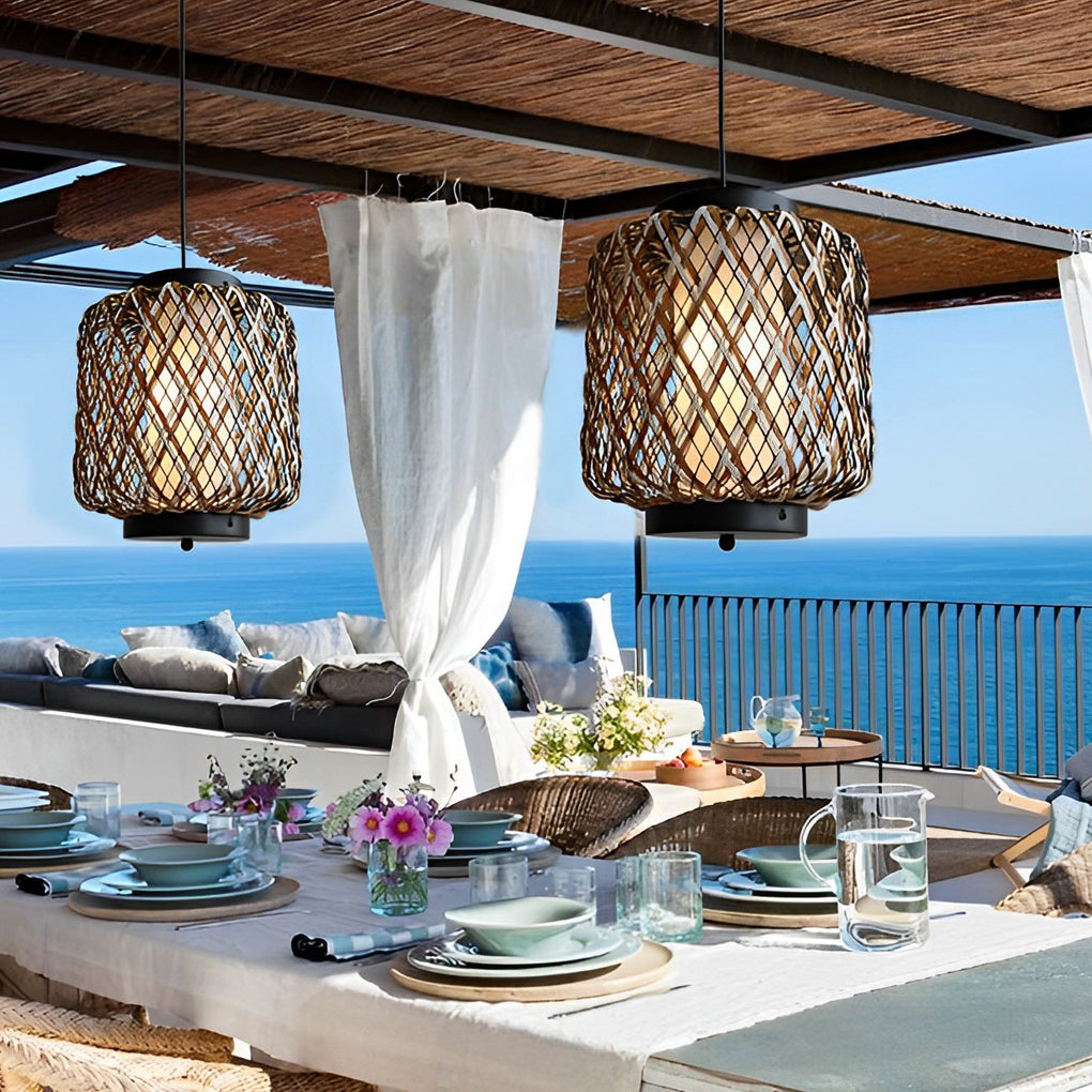 Handwoven Rattan Outdoor Pendant Light – Rustic Modern Waterproof