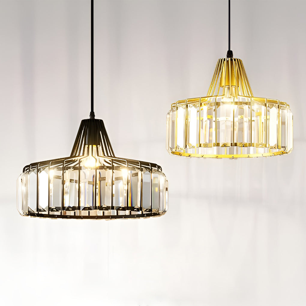 Crystal Drum Chandelier Modern Pendant Light Black Gold Metal