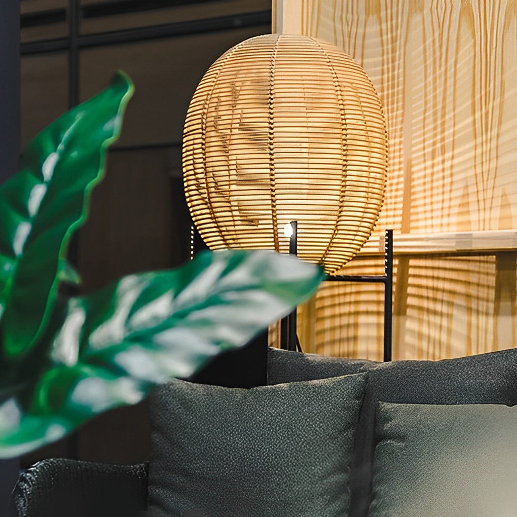 Rattan Floor Lamp with Black Metal Frame – Modern Rustic Design