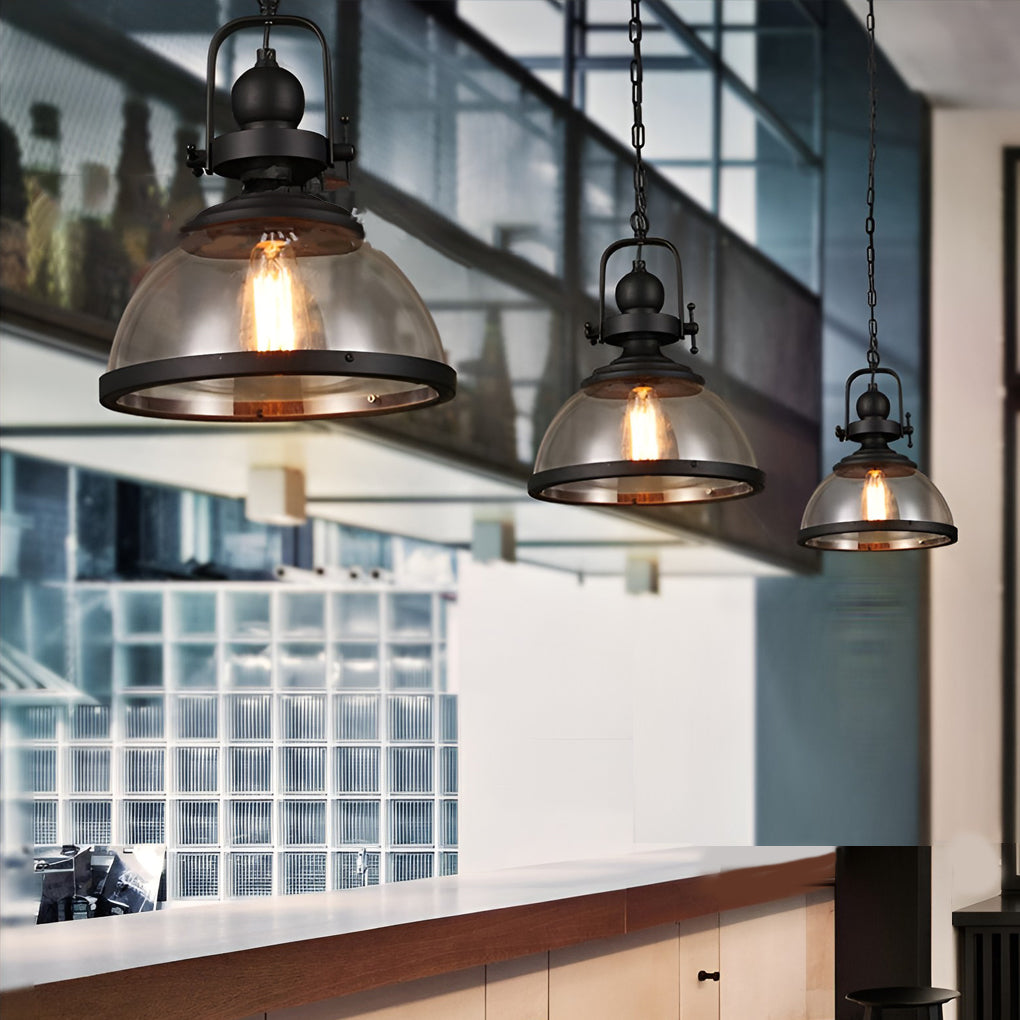 Industrial Glass Bowl Pendant Light Black Iron Ceiling Lamp