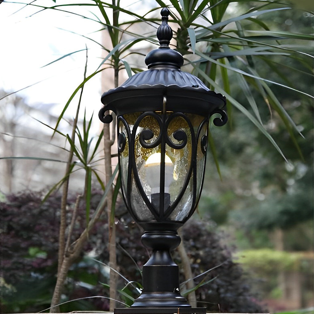 Bubble Glass Outdoor Post Light - Modern Black Aluminum Pillar Lamp