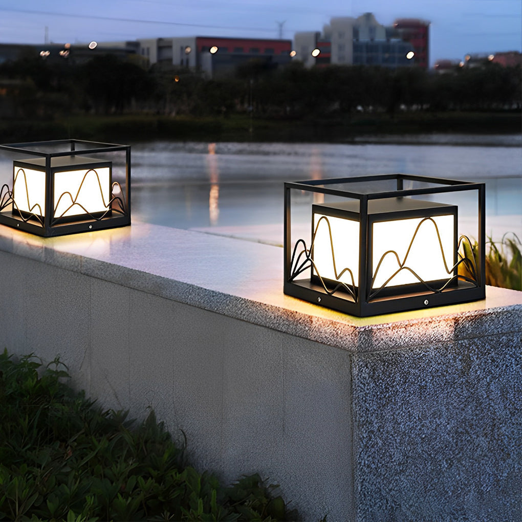 Square Solar Post Cap Light with Mountain Scenery Design