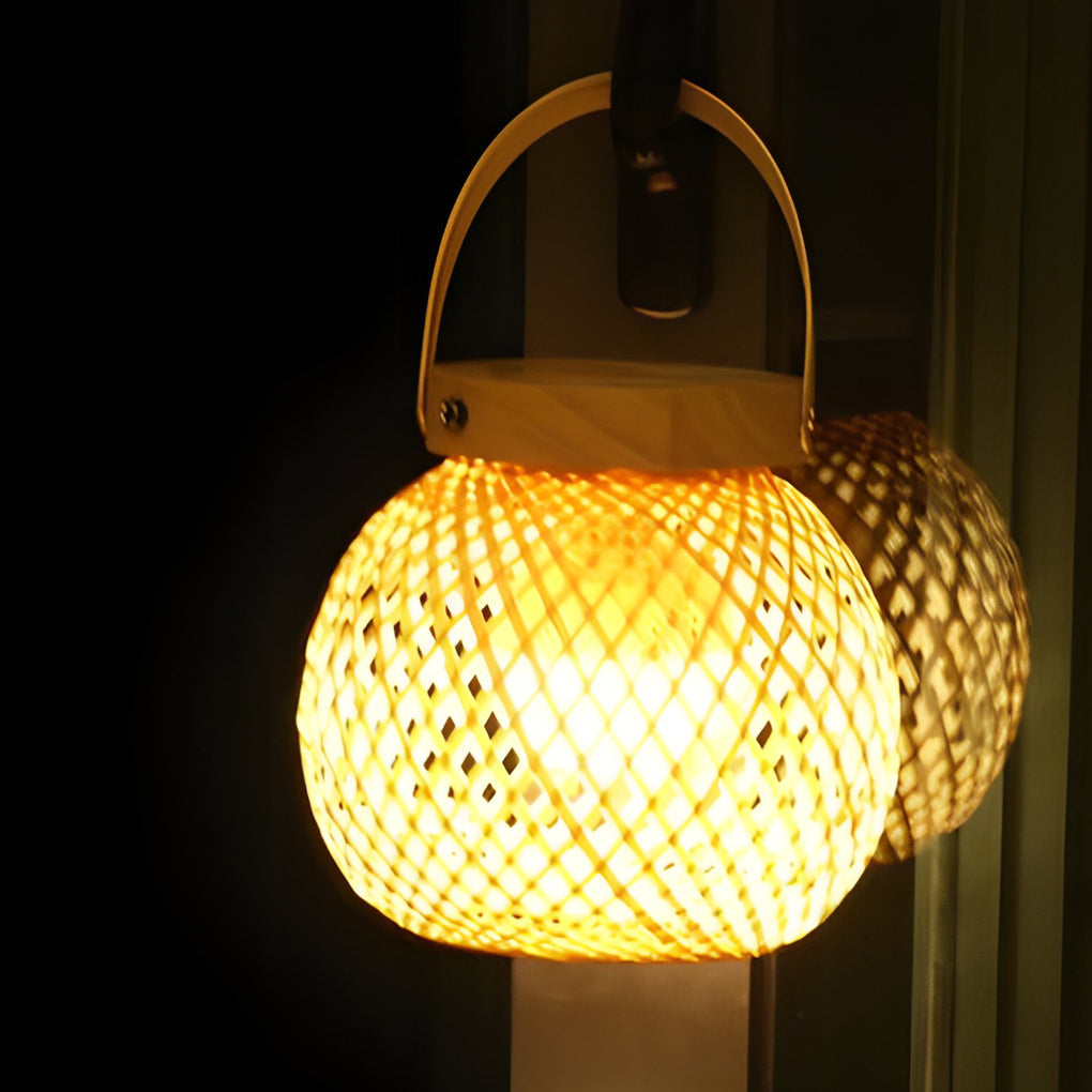 Rustic Woven Bamboo Portable Lantern Table Lamp with Handle