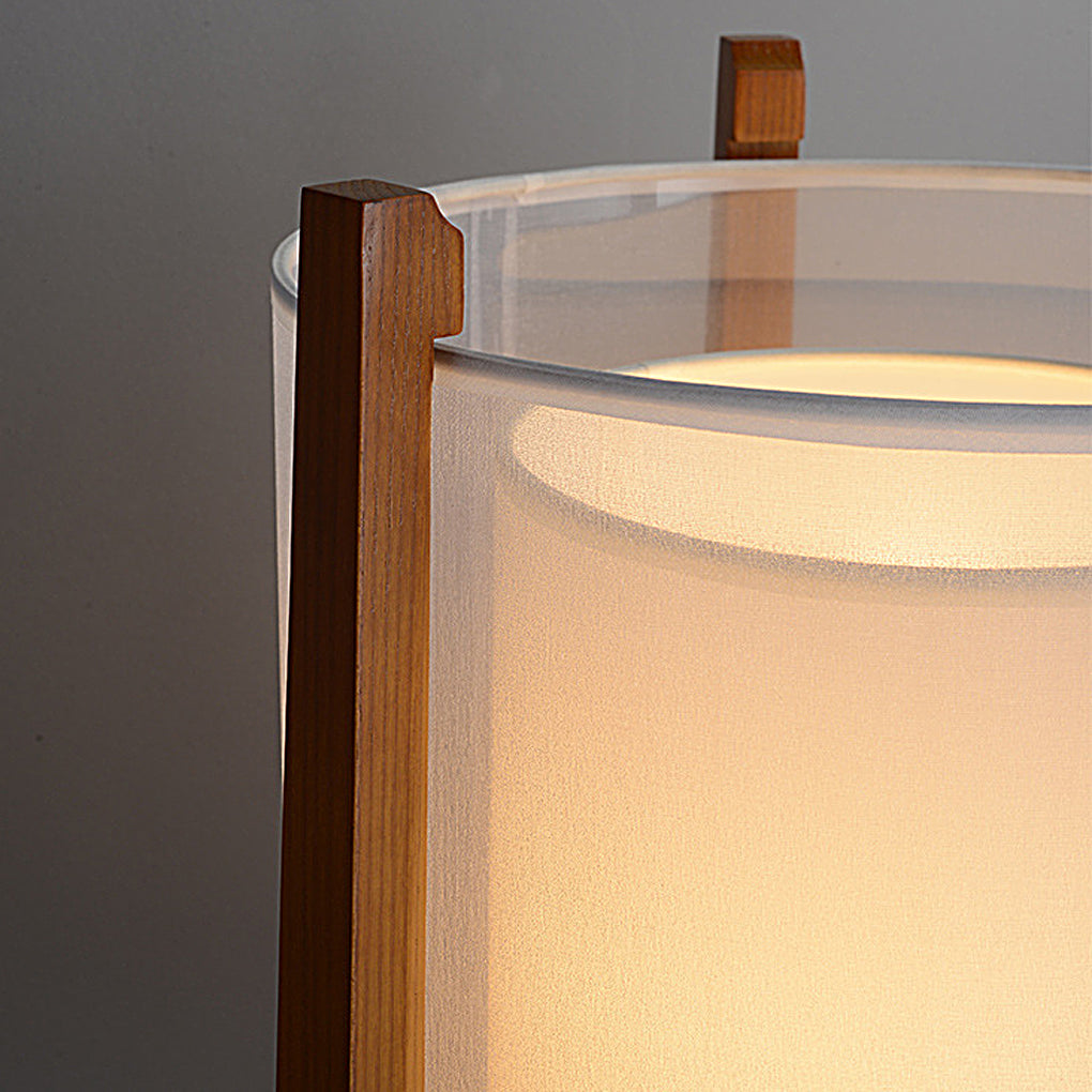 Rustic Wood Triangle Floor Lamp with Double Fabric Shade LED