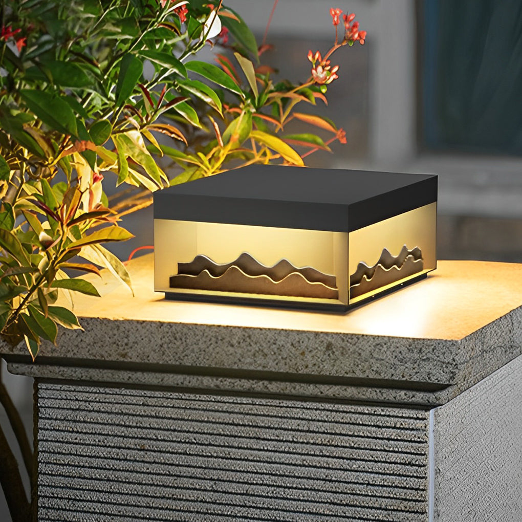 Mountain Scenery Solar LED Fence Post Light - Modern Black Steel