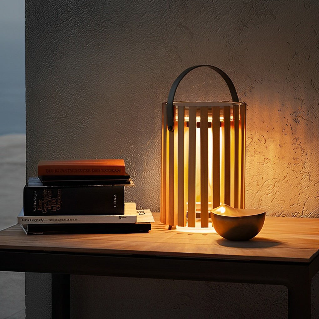 Solar Wooden Lantern Floor Lamp with Aluminum Handle - Waterproof