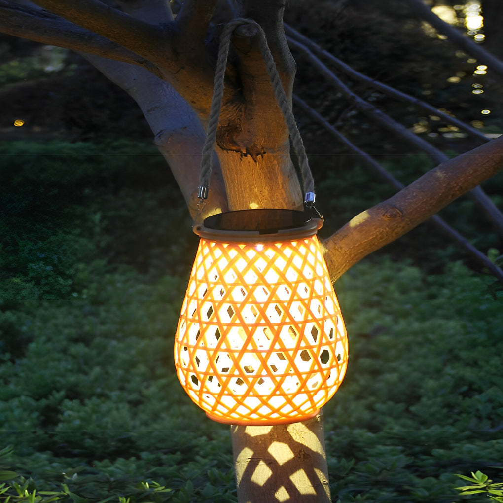 Portable Solar LED Outdoor Lantern Rustic Bamboo Style Hemp Rope