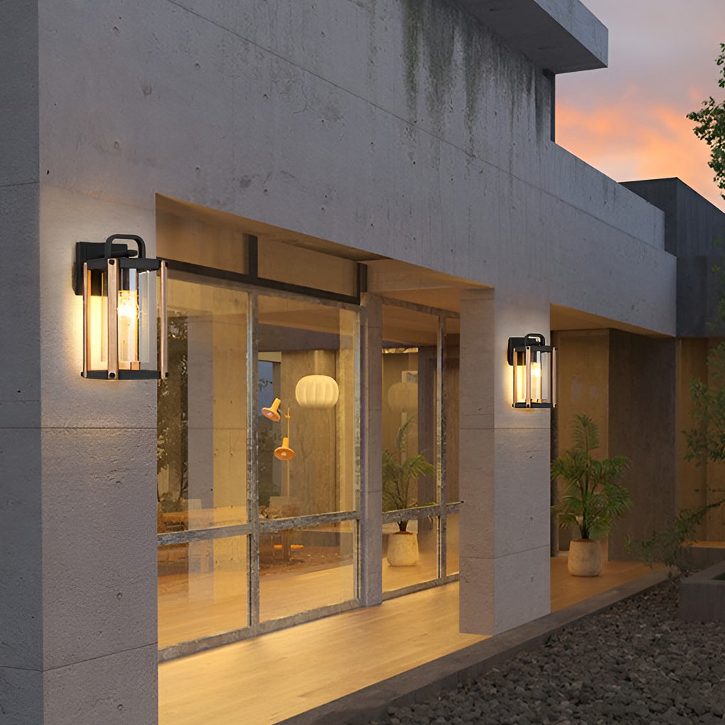 Industrial Lantern Glass Outdoor Wall Sconce – Black Aluminum