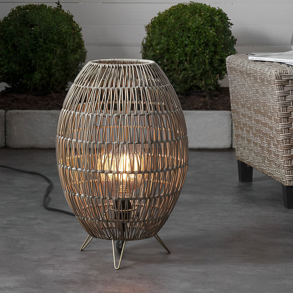 Handwoven Rattan Oval Cage Outdoor Floor Lamp - Rustic Modern