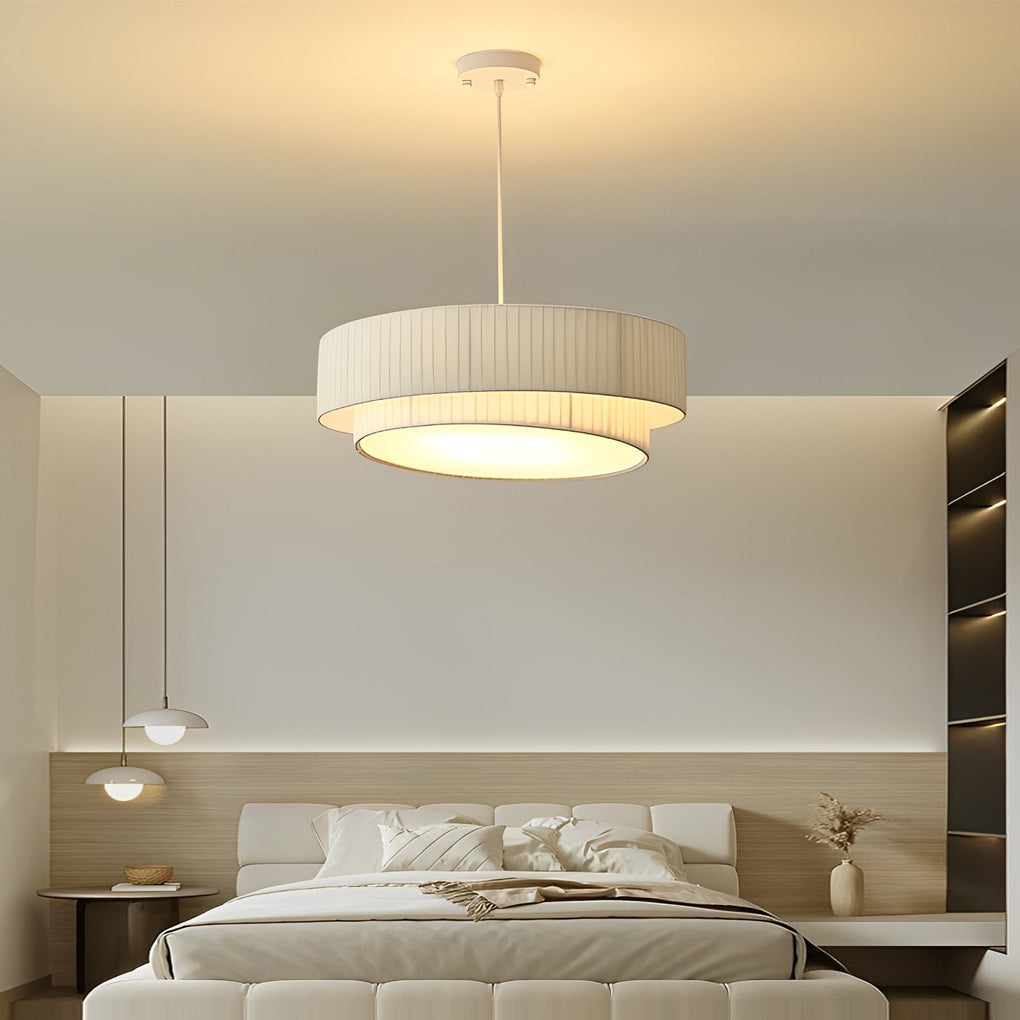 Double Layer Drum Pendant Light Modern Nordic White Fabric