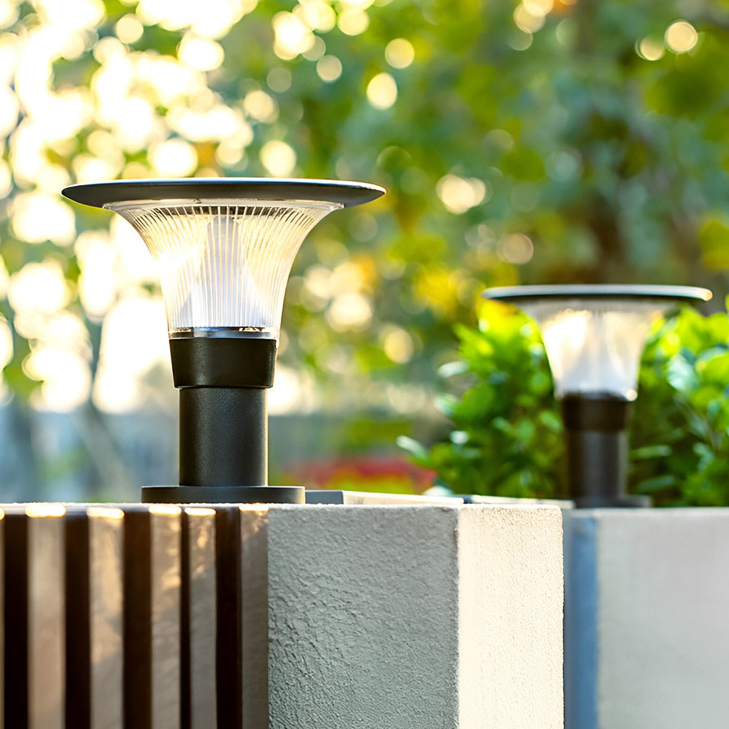 Round Solar Fence Post Light - Modern Black Aluminum Outdoor Pillar