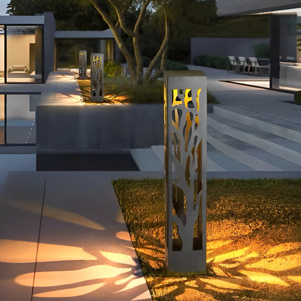Solar-Powered Lawn Light with Hollow Branch Pattern - Stainless Steel