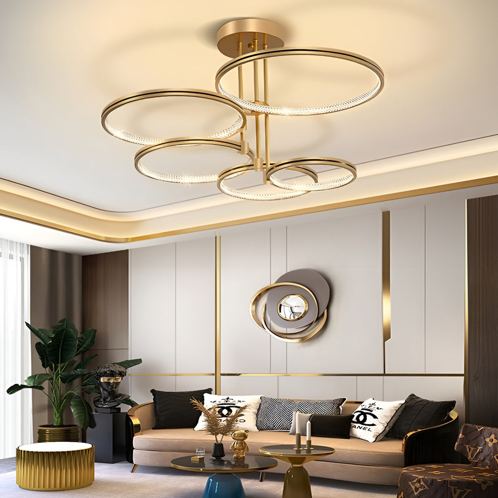 Modern 3-Ring Chandelier with Gold Finish and Acrylic Diffuser
