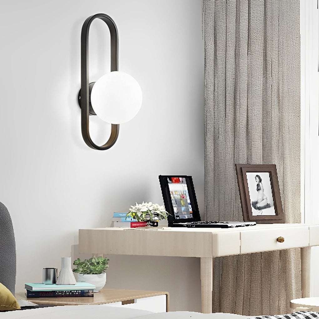 Modern Glass Shade Wall Sconce – Elliptical Iron Frame Design