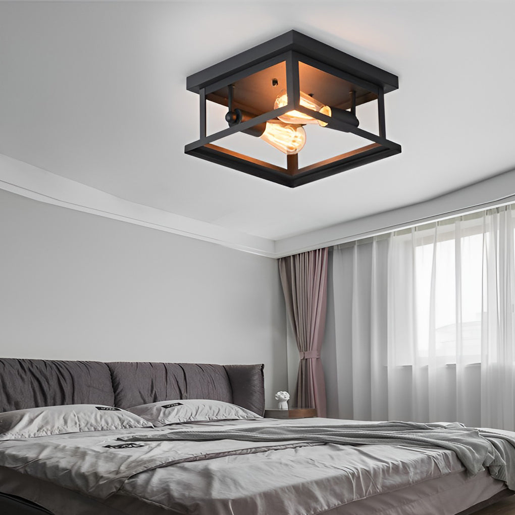 Square Industrial Flush Mount Ceiling Light – Black Metal Frame
