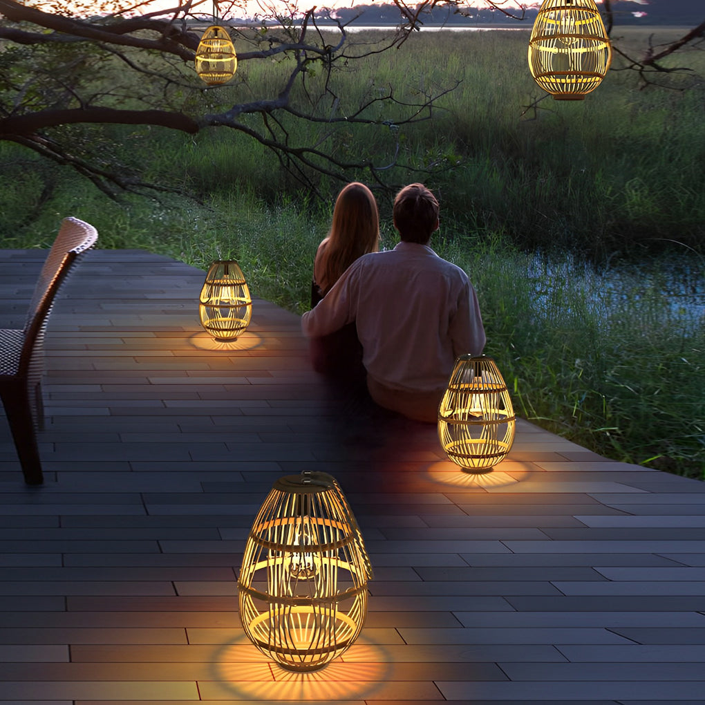 Solar Rattan Wood Portable LED Outdoor Lantern Lamp