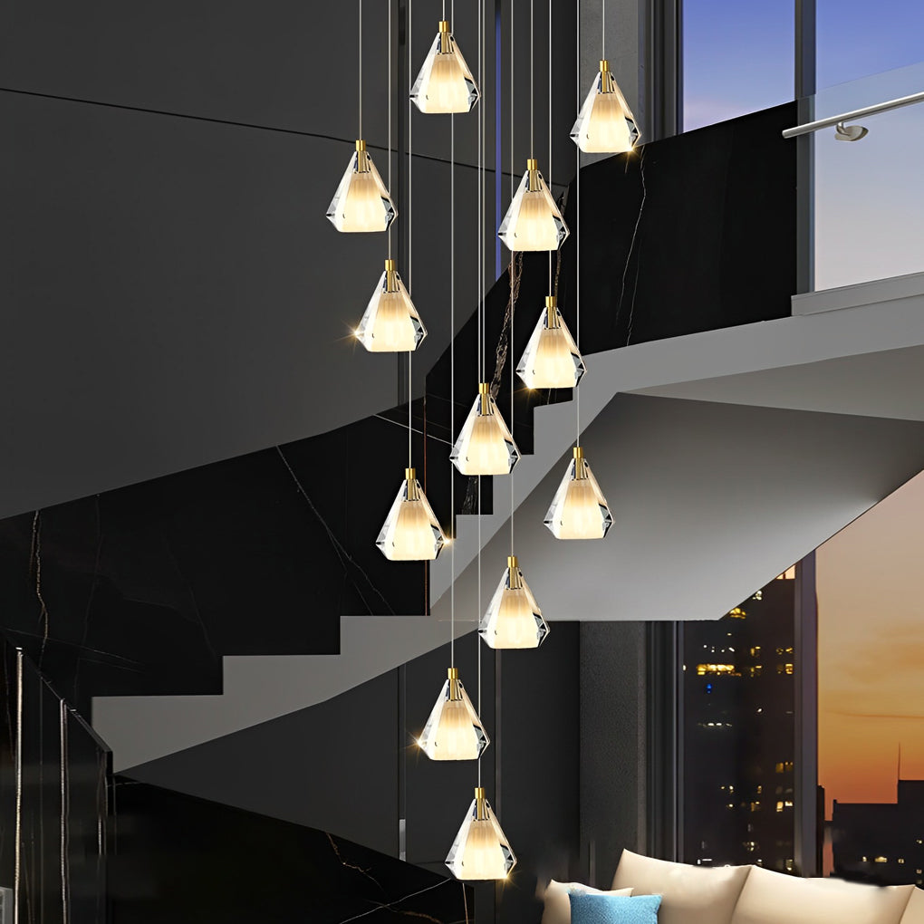 Crystal Brass Staircase Chandelier with Three-Step Dimming