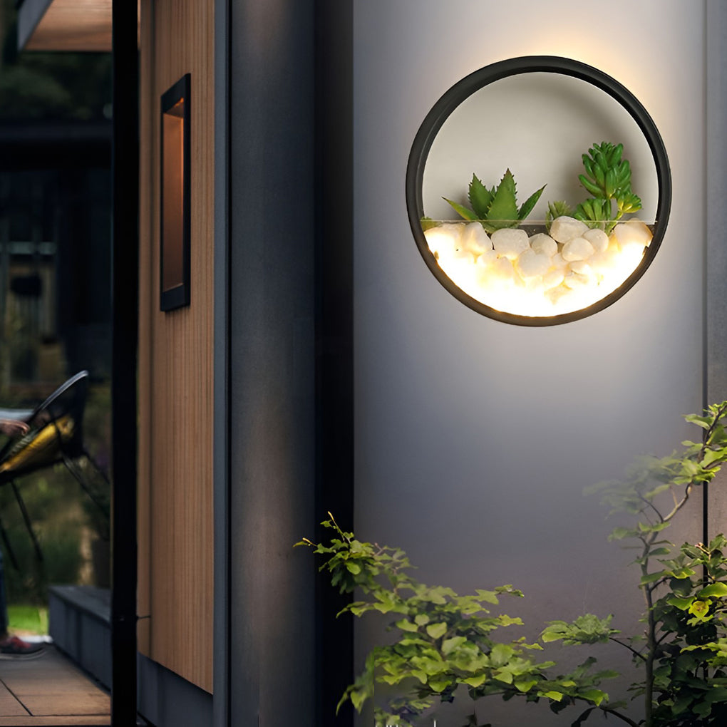 Modern Round Outdoor Wall Light with Stones & Greenery – LED 18W