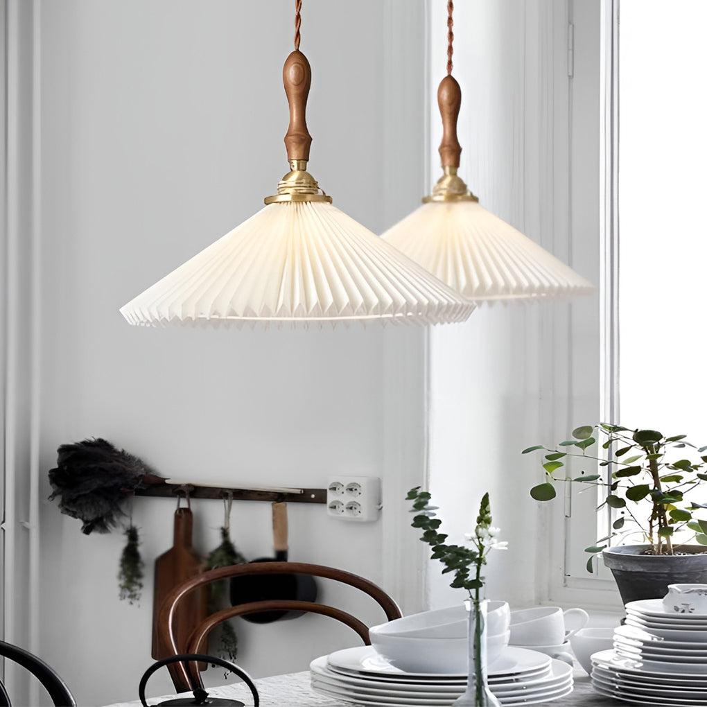 Nordic Pleated Pendant Light with Walnut Wood and Copper Accent