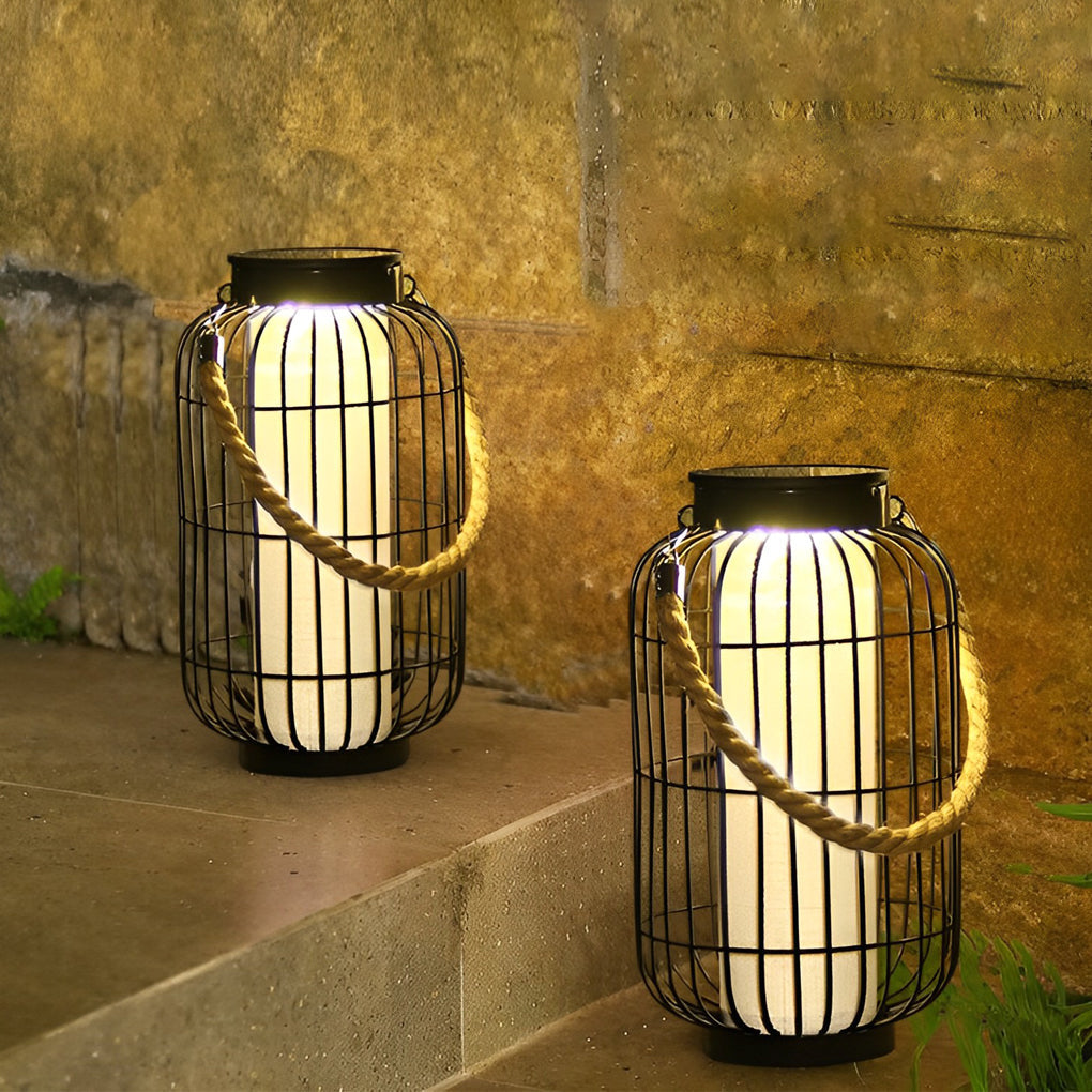 Solar Outdoor Lantern with Hemp Rope Handle - Waterproof LED Light