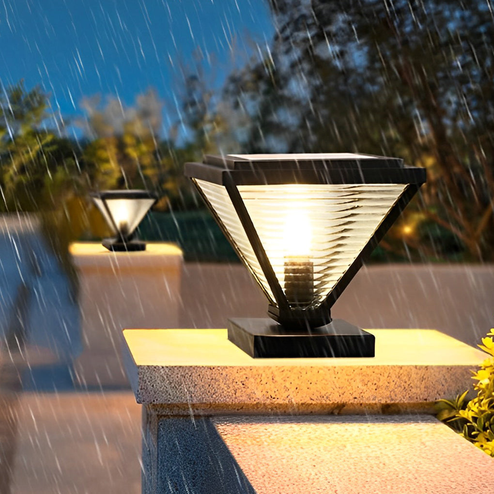 Geometric Solar Fence Post Light - Waterproof Stainless Steel Black