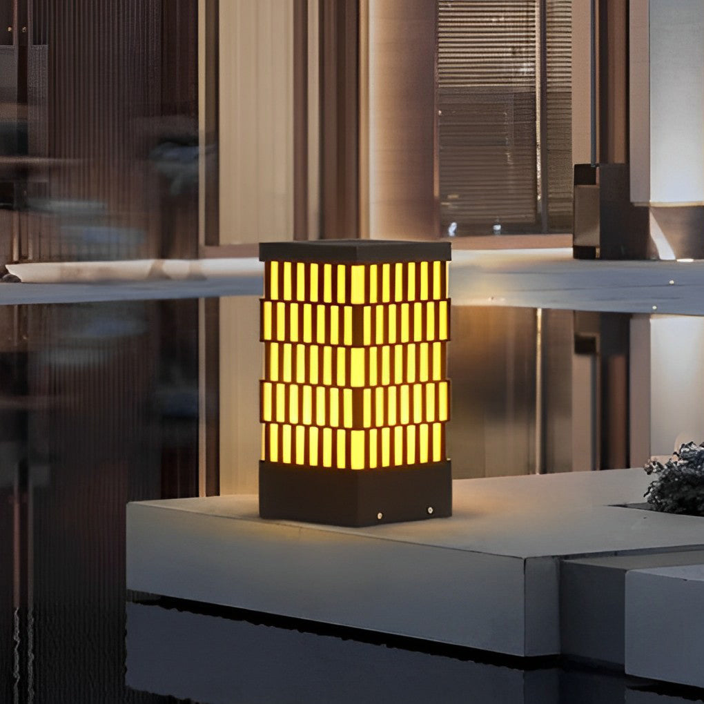 Modern Grid LED Outdoor Bollard Light Black Waterproof Lawn Lamp