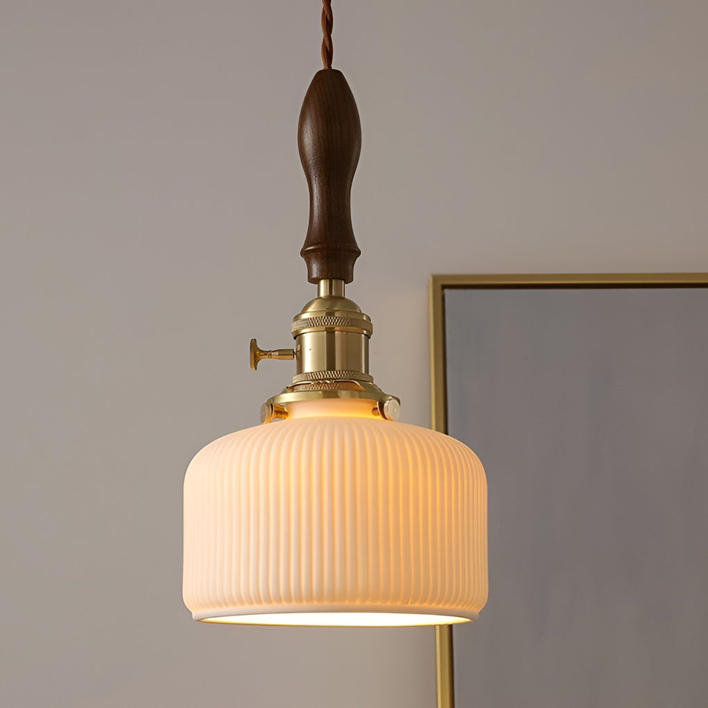 Modern Ceramic Pendant Light with Walnut & Copper Accent - 12W LED