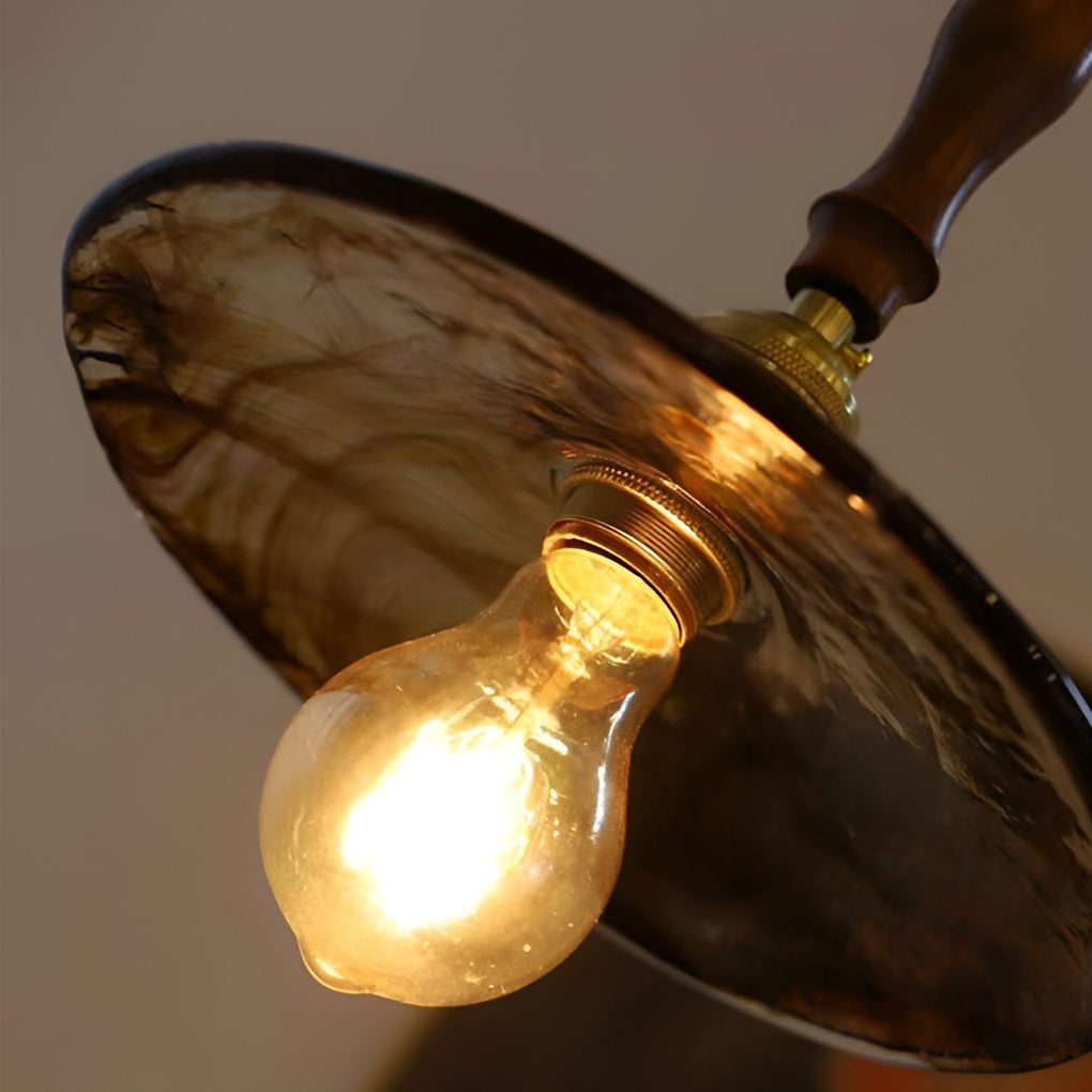Vintage Glass Pendant Light with Brass Hardware and Wooden Detail