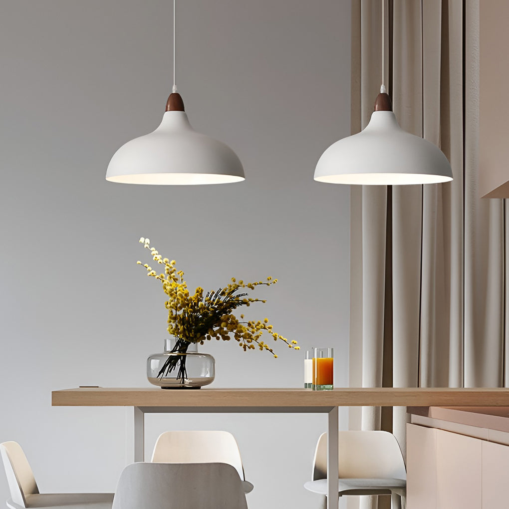 Modern Round Pendant Light with Walnut Accent - White Metal 12W