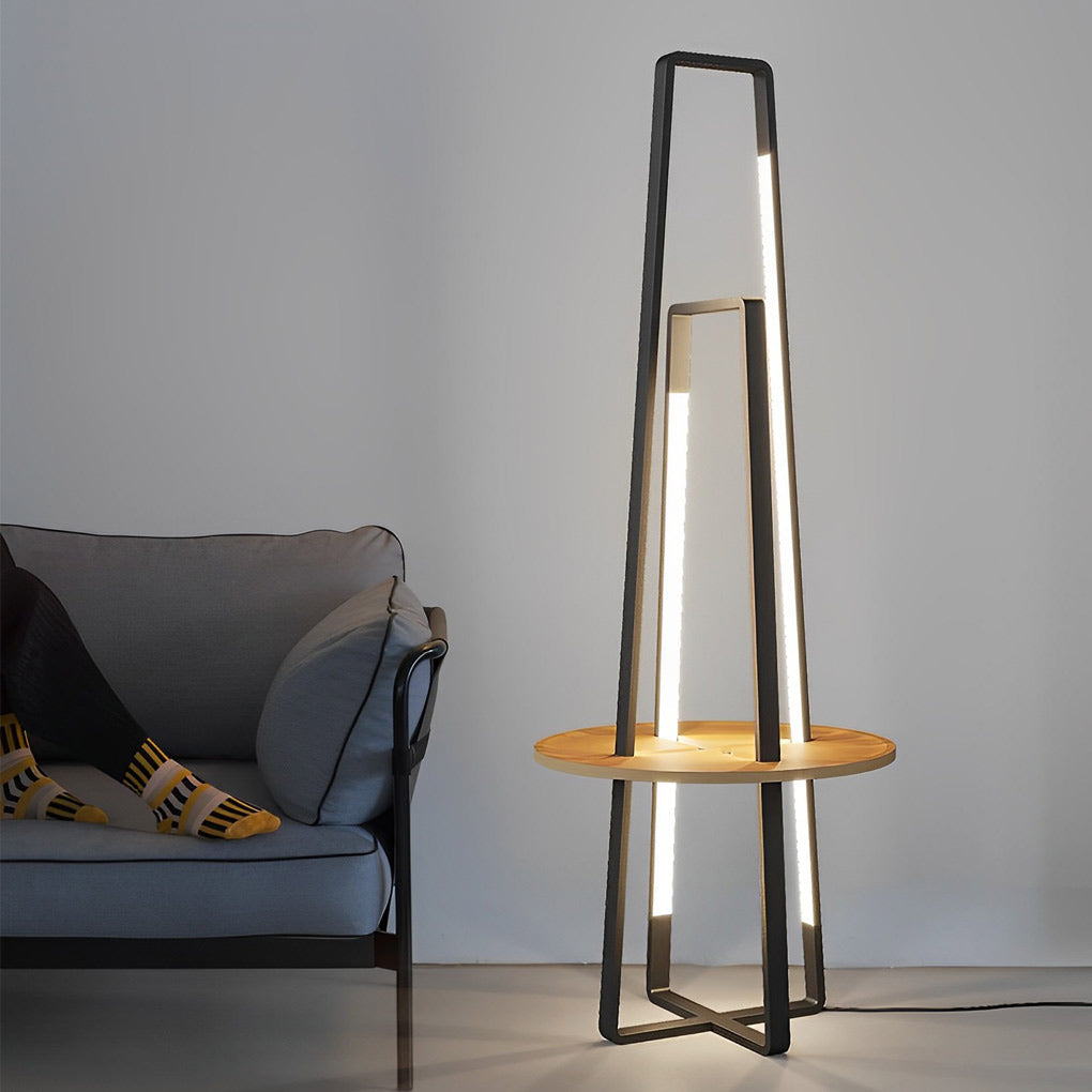 Modern LED Floor Lamp with Wooden Tray – 63" Tall Metal Stand