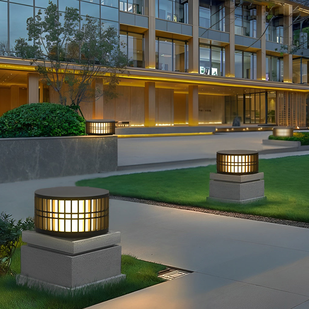 Modern Round Solar LED Outdoor Post Light - Black Stainless Steel