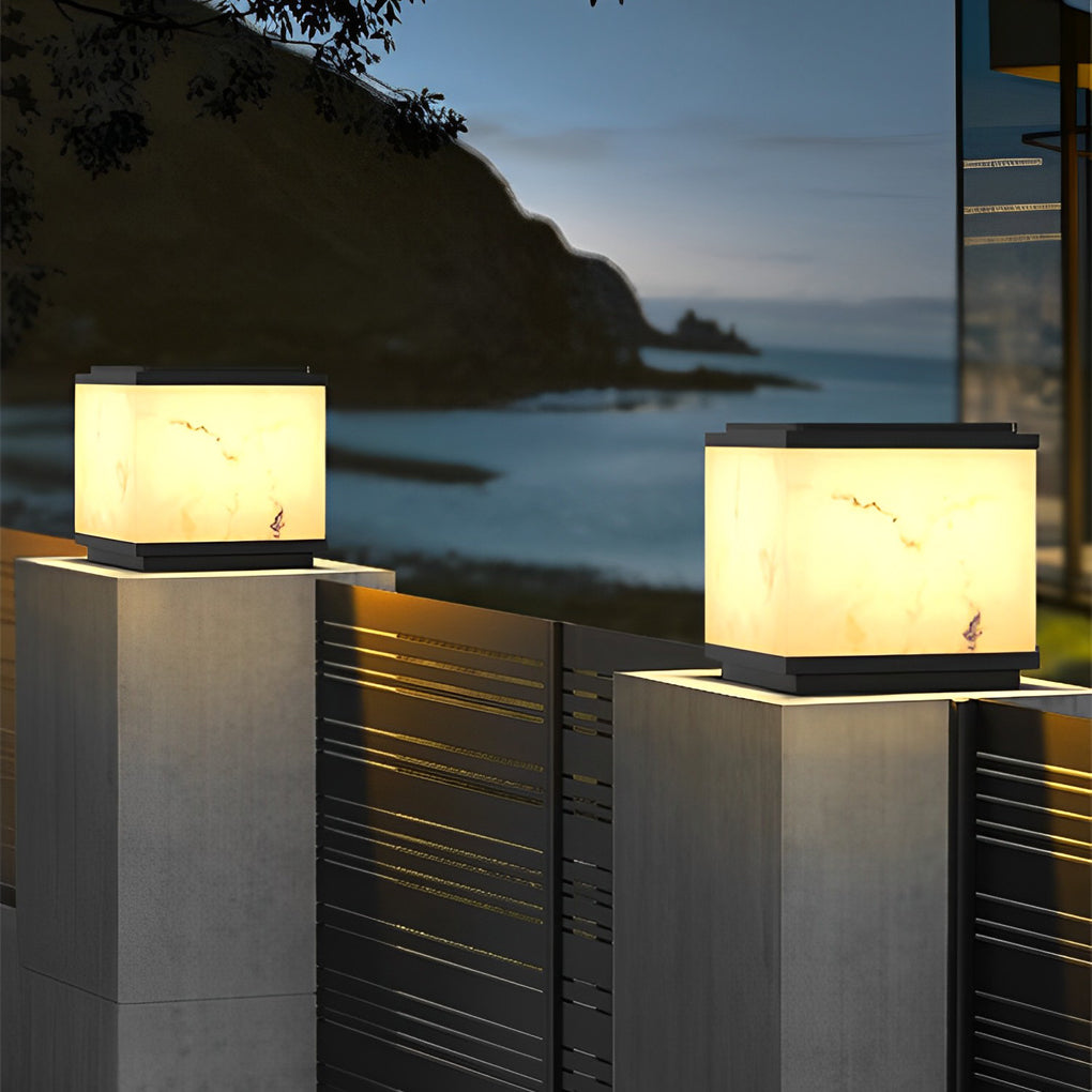 Square Marbled Solar Powered Fence Post Light - Modern Outdoor LED